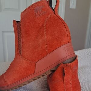 Suede Sorel wedge booties. Like new--worn 2 times. VERY comfortable, just not my